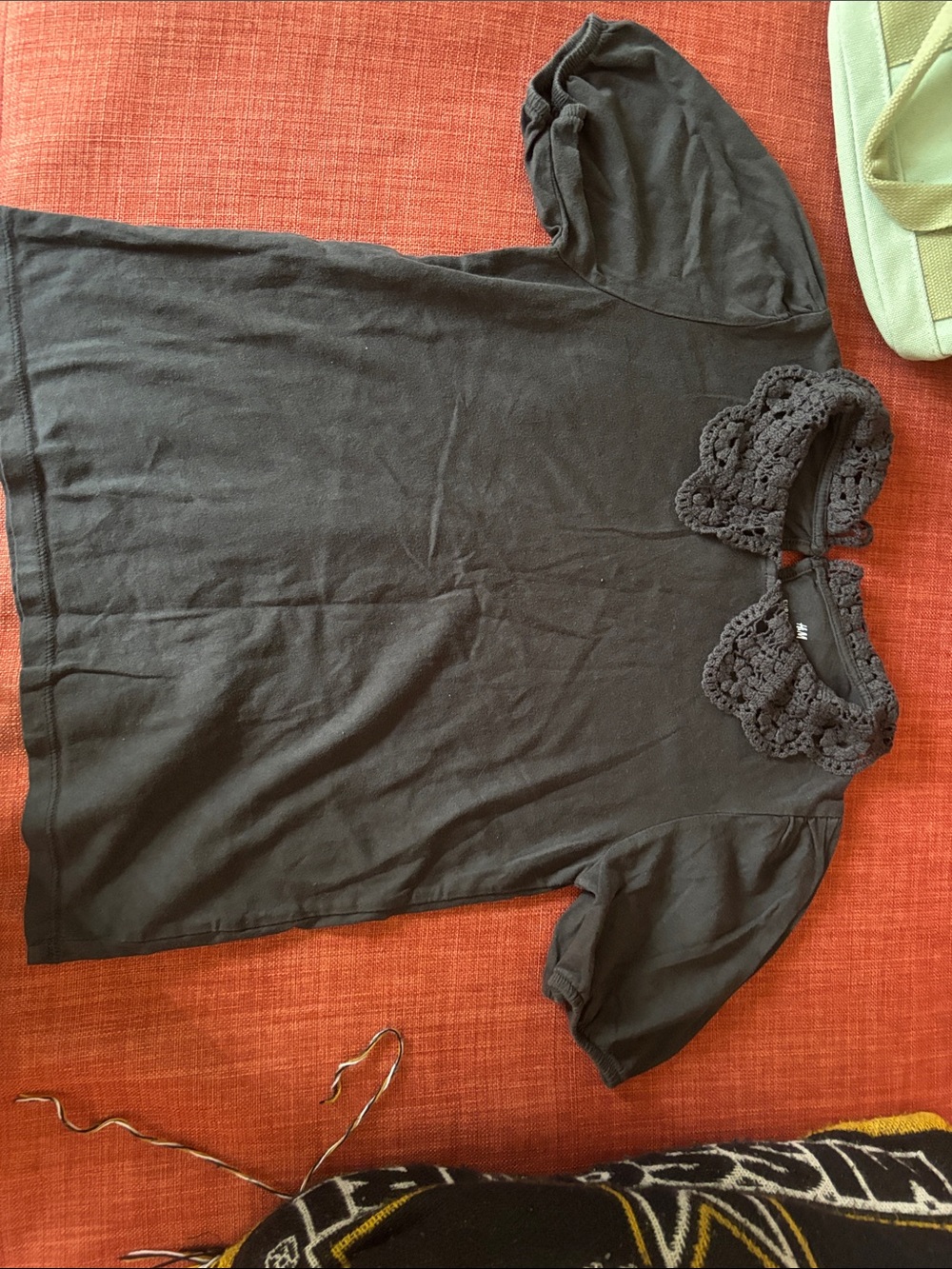 H&M Black Crochet-Trim Puff Sleeve Top